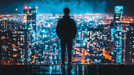 A lone figure stands on a rooftop at night surrounded by glowing skyscrapers