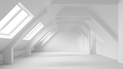 Obraz premium Bright White Attic Interior with Skylights: Minimalist Open Space Design and Architectural Elegance