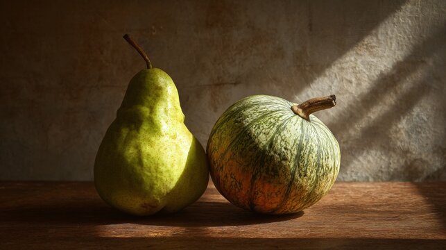 Pear and squash still life with natural window lighting and shadows