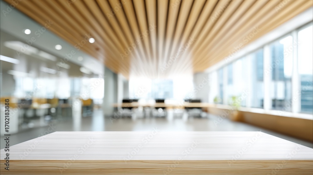 Poster modern office mockup with empty wooden table for product display and presentation background