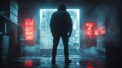 A lone figure stands on a rooftop at night surrounded by glowing skyscrapers