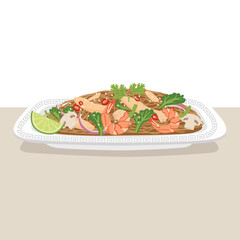 flat vector of Pad Thai or Thai stir-fried noodle dish with shrimp, tamarind sauce, lime, and cilantro Thai food meal on dish with ingredient