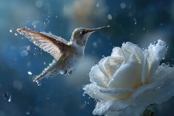 Hummingbird hovering near a delicate white rose in soft light.