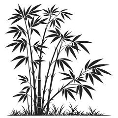 A black silhouette of a bamboo forest with tall stalks and lush green leaves against a white background representing nature and tranquility