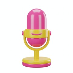 Isolated on white background, a whimsical pink and yellow cartoon microphone stands ready, promising playful tunes and cheerful announcements