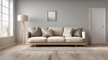 Obraz premium Contemporary Living Room Interior with Beige Sofa, Wooden Floor, and Natural Light for Home Decor Mockups