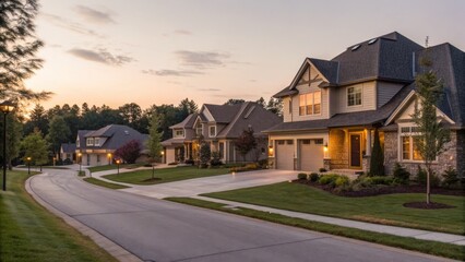 Commercial high-resolution photo of residential area at dusk with spacious homes and yards captured from the street providing room for copy.