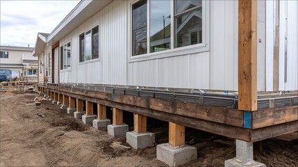 Construction of a new residential building with a foundation, showcasing the structure's base and support system in a suburban setting.