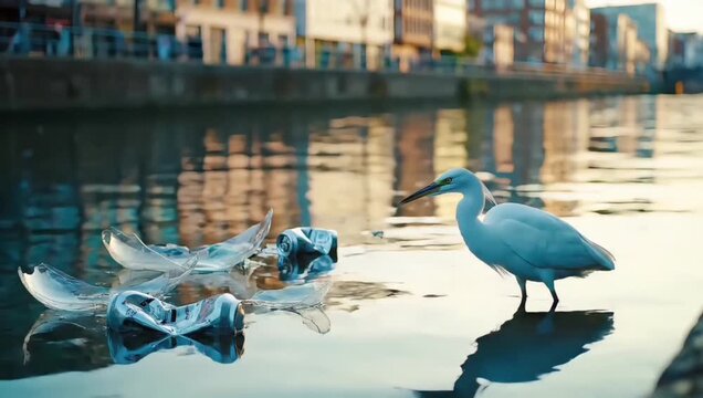The stark reality of pollution, a wild egret stands beside a plastic bottle floating in an urban waterway