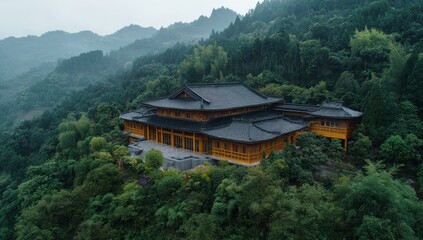 Aerial view of a large wooden temple nestled in lush green mountains