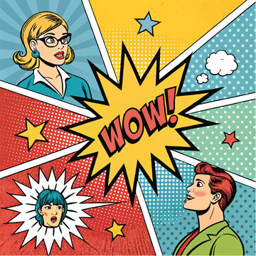 Retro Pop Art Wow Comic Book Panel: Amazed Women and Man Reaction