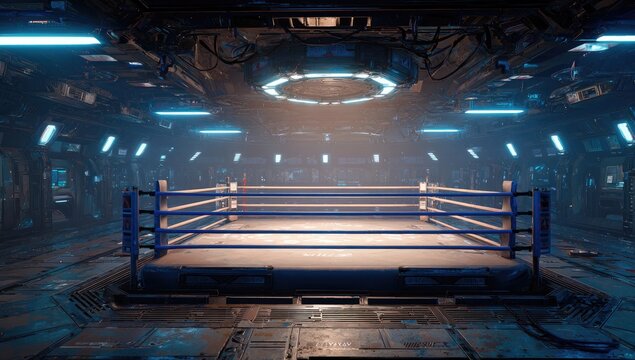 Futuristic boxing ring in a dimly lit, metallic spaceship interior with neon blue accents and a central circular light fixture above - Powered by Adobe