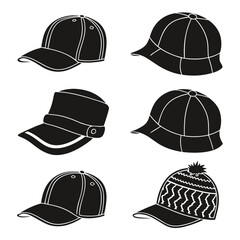 Collection of six black silhouette headwear icons including baseball caps a military style cap a bucket hat and a knitted winter beanie with a pompom all isolated on a white background