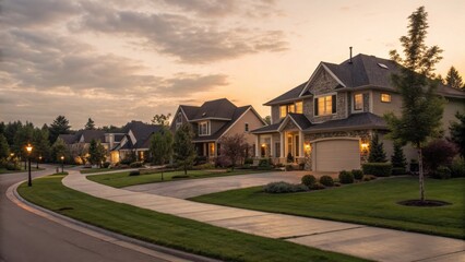 Fototapeta premium Commercial high-resolution photo of residential area at dusk with spacious homes and yards captured from the street providing room for copy.