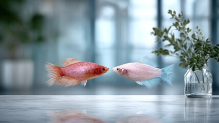Two colorful fish, pink and light blue, appear to float above a marble surface.  Gentle background