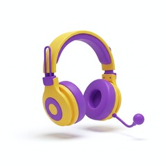 3d render of yellow and purple headphones isolated on white background, representing audio equipment and entertainment with a modern and playful design
