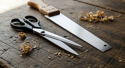 Close-up of woodworking tools saw, scissors, and wood shavings on a rustic workbench