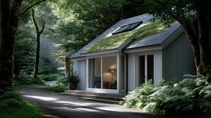 Light-filled cabin nestled in a misty forest