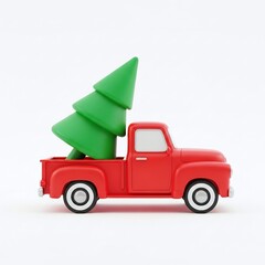 A red pickup truck carrying a green christmas tree in its bed, isolated on white background, symbolizing holiday transport and festive celebrations