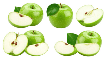 Compilation of Green Apples with Slices and Leaves Isolated Against a Transparent Background Showing Freshness and Detail in Studio Lighting