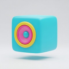 A blue cube speaker with a yellow ring and pink center, isolated on white background, representing audio technology and modern sound systems