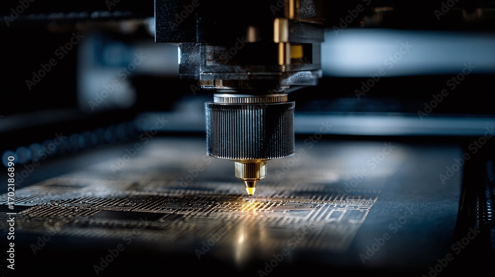 Poster precision laser cutting: a close-up of an automated laser cutter precisely etching intricate designs