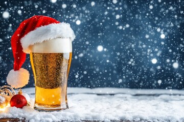 Christmas beer with Santa hat in glass and snow for winter holiday celebration