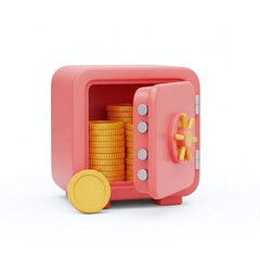 Cute pink safe with gold coins isolated on white background, featuring an open door and a playful design, perfect for illustrating savings and financial security