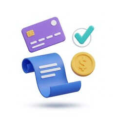 3d render of a credit card, receipt, coin, and check mark isolated on white background, illustrating payment, finance, and transaction concepts in a modern style