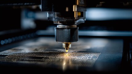 Precision Laser Cutting: A close-up of an automated laser cutter precisely etching intricate designs into a dark surface with a bright pinpoint of light.
