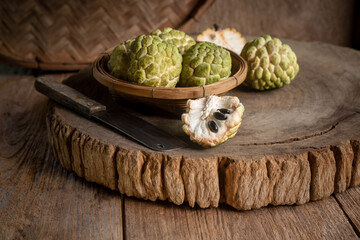 Apple custard on old wood, vintage still life style image.