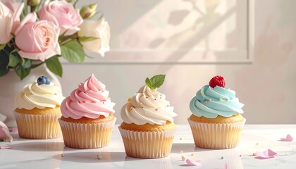 Three delectable cupcakes, adorned with pastel-colored frosting and sprinkles, sit on a marble surface, accompanied by a bouquet of pink roses.