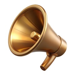 Golden megaphone isolated on white background, a symbol of communication, announcement, and promotion, rendered in a sleek 3d style, perfect for marketing campaigns