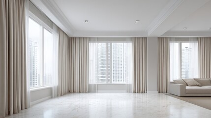 Obraz premium Bright, Airy Living Room with Neutral Decor, Large Windows and City View, Emphasizing Spaciousness and Modern Design