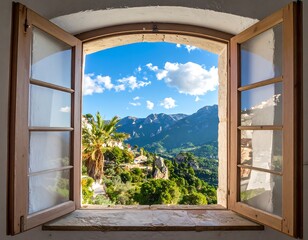 A scenic view of a mountain valley through an open window, showcasing lush greenery, towering peaks, and a clear blue sky.