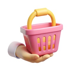 A hand holding a pink shopping basket with a yellow handle isolated on white background, symbolizing retail, ecommerce, and the act of making purchases