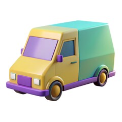A colorful delivery van with a yellow front and green back, isolated on white background, showcasing a modern and playful design for transportation services
