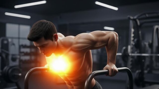 Muscular man doing dips in gym to build chest muscles with glowing effect enhancing workout routine and strength, fitness concept