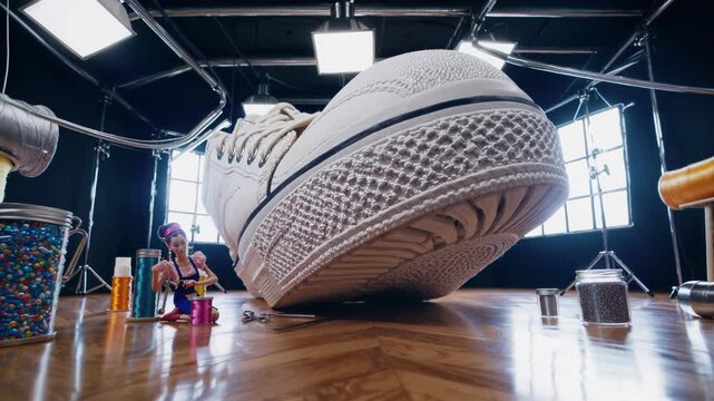Professional shoemaker working on new footwear design while sitting on the floor of a workshop under a giant sneaker, surrounded by colorful threads, beads, and other crafting materials