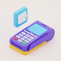 Isometric purple pos terminal with wallet icon isolated on white background, representing digital payment and financial transactions in modern commerce