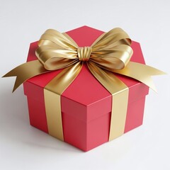 A red hexagonal gift box isolated on white background, adorned with a luxurious gold ribbon and bow, perfect for celebrating special occasions and giving presents