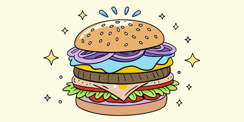 Illustration of a delicious hamburger with a sesame-topped bun, two layers of meat, cheese, tomato, and fresh lettuce. Find brilliant ideas while eating this.