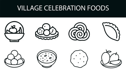 Village Celebration Foods Icon Set – Black & White Line Art of Dumplings, Mangoes, Porridge, Pastries & Traditional Snacks for Cultural Festive Projects