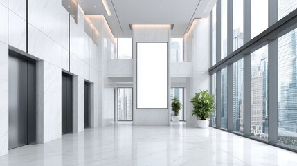 Fototapeta premium Modern Office Lobby with Blank Billboard Space, Elevators, and City Views for Advertising Mockup