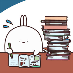 たくさんの本と書類に囲まれて必死に勉強するかわいいウサギ