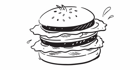 A black and white illustration of a cheeseburger. A bun with sesame seeds. Underneath, there are layers of cheese, a patty, lettuce, and vegetables. The burger looks thick and layered.