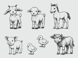 Vintage illustration of small farm animals such as lamb, foal, pig, chick, and goat, drawn in classic style.