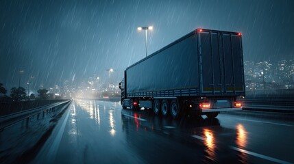Commercial Cargo Truck Transporting Goods on a Wet Highway at Night During a Rainstorm