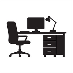 A modern office furniture set illustration for business work featuring a desk, chair, lamp, and computer. editable vector