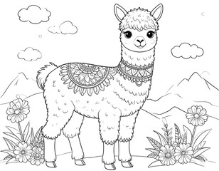 Delicate Alpaca Line Art Illustration with Ornate Blanket and Floral Details